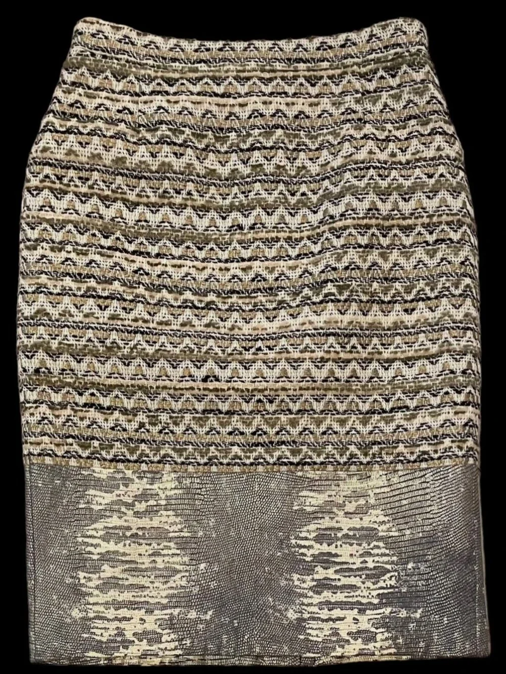 Tory Burch Leather & Tweed Eth Metallic Hem Pencil Skirt - Silver & Black Size 2